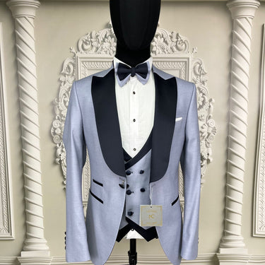 Single button three piece men's Suit with contrasting black velvet lapel, matching bow tie and Black Pants