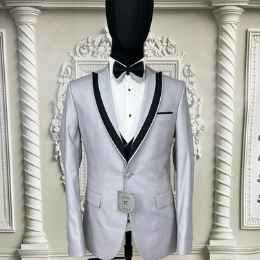 Single button three piece men's Suit with contrasting black velvet lapel, matching bow tie and Black Pants