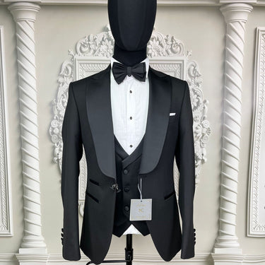 Single Button Three Pieces Tuxedo Suit with contrasting Lapel, matching bow tie and Black Pants.