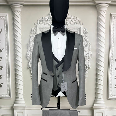 Single Button Three Piece Tuxedo Suit with Contrasting Black Lapel and Pants