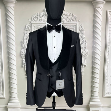 Single Button Three Pieces Tuxedo Suit with Contrasting Black Satin Lapel, matching bow tie and Black Pants