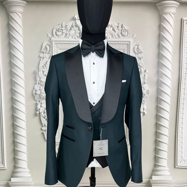 Single Button Three Piece Mens Suit with contrasting blue velvet lapel, matching bow tie and Black Pants