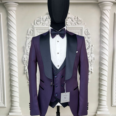 Single button three piece men's Suit with contrasting black velvet lapel, matching bow tie and Black Pants