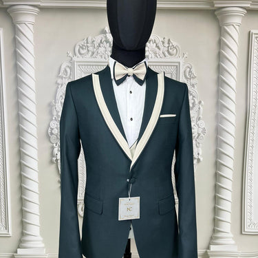 Single Button Three Piece Tuxedo Suit with Contrasting Black Velvet Lapel and Pants.