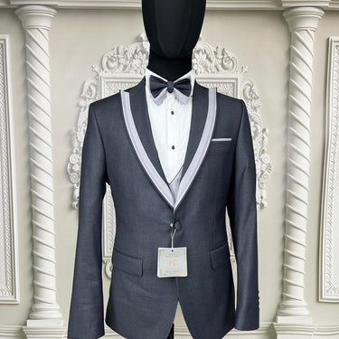 Single Button Three Piece Mens Suit with contrasting blue velvet lapel, matching bow tie and Black Pants