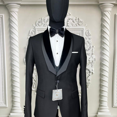 Single Button Three Pieces Men's Suit with contrasting black velvet lapel, matching bow tie and Black Pants.