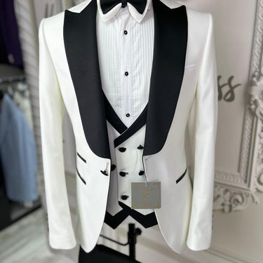 Single Button Three Pieces Tuxedo Suit with Black Satin Lapel, Contrasting black vest and black dress pants.