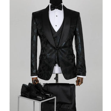 Single Button Three Pieces Tuxedo Suit with contrasting Lapel, matching bow tie and Black Pants.